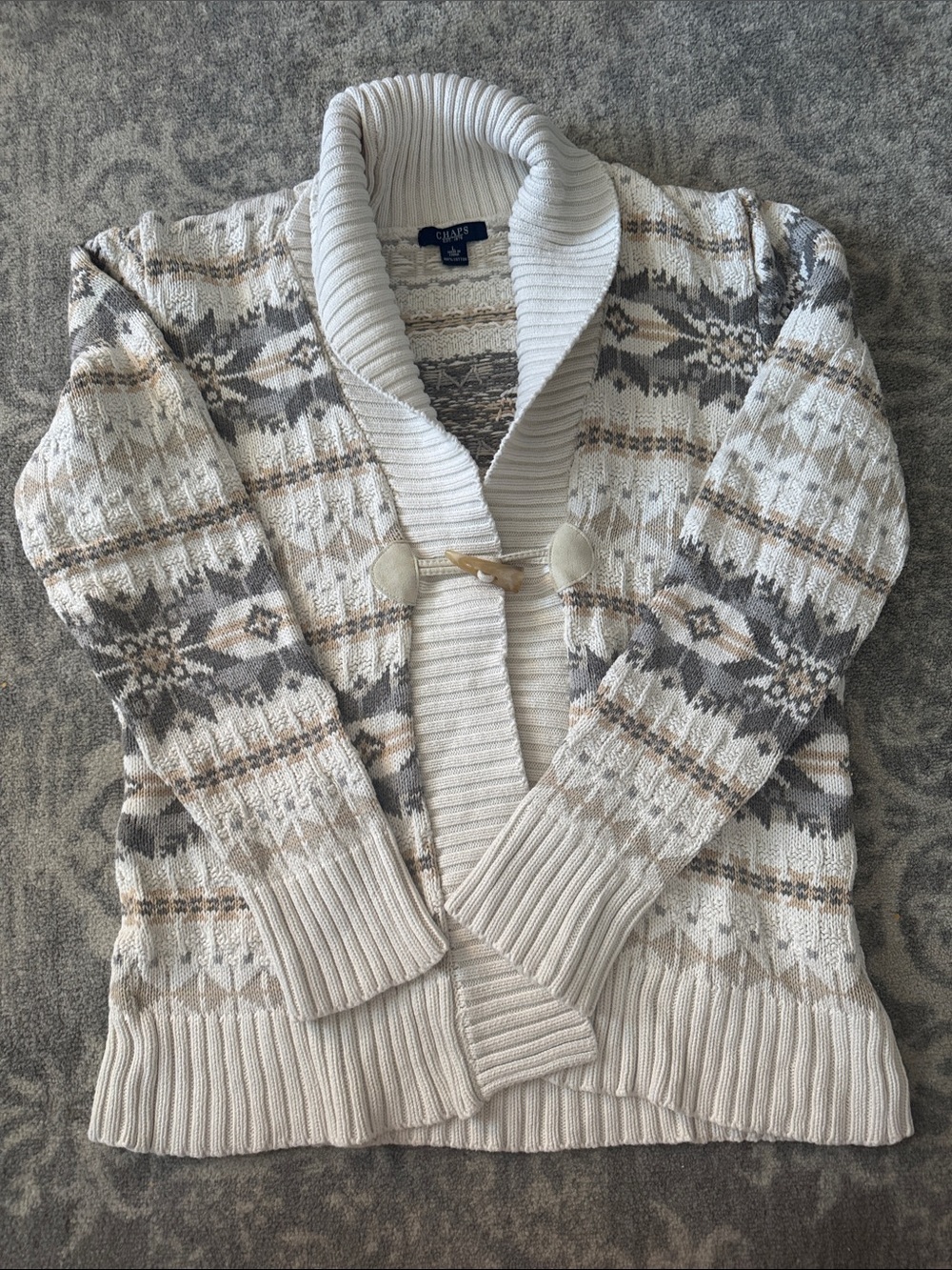 VINTAGE Cotton Chaps Cream, Gray & Taupe Fair Isle Toggle Shawl Cardigan